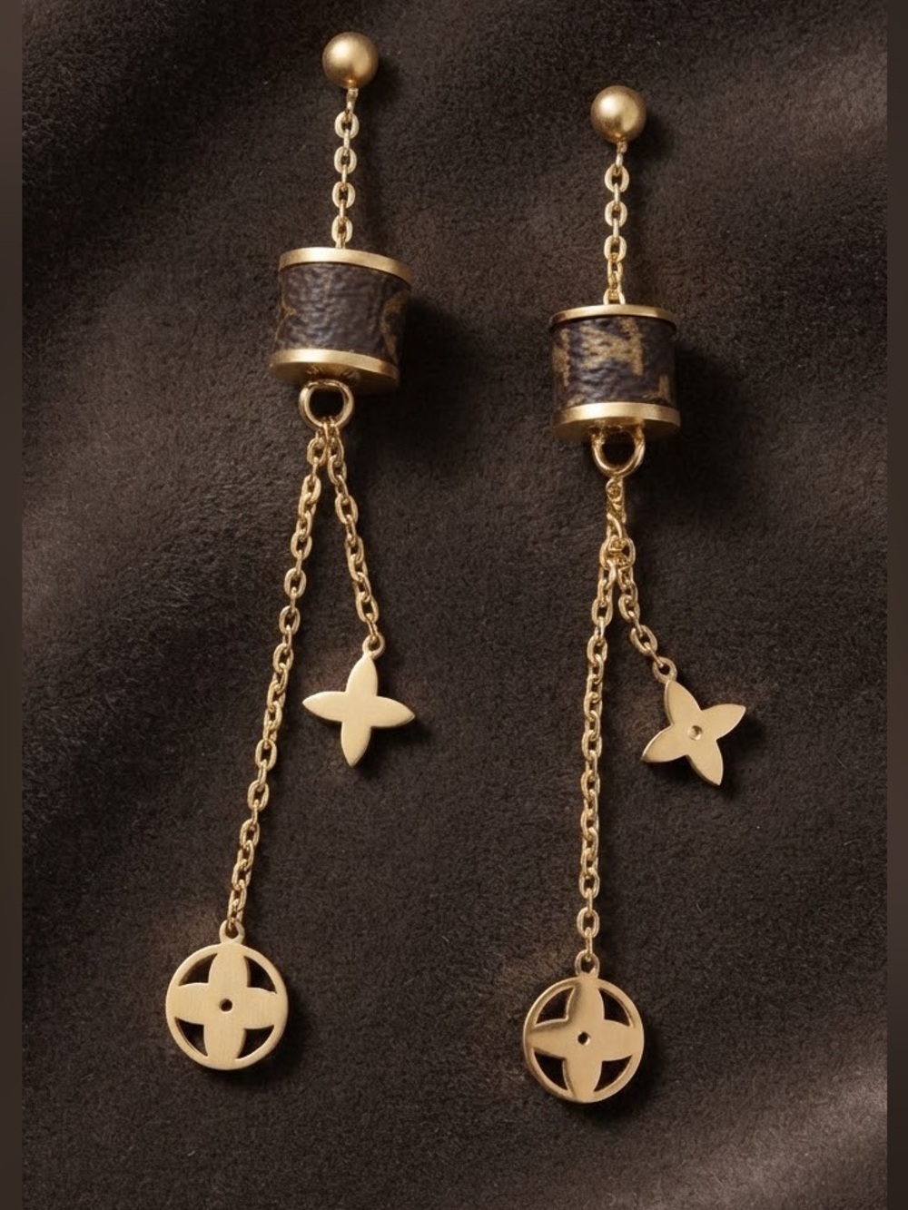 Gold and Brown Draped Lettered Monogram Long Drop Earrings